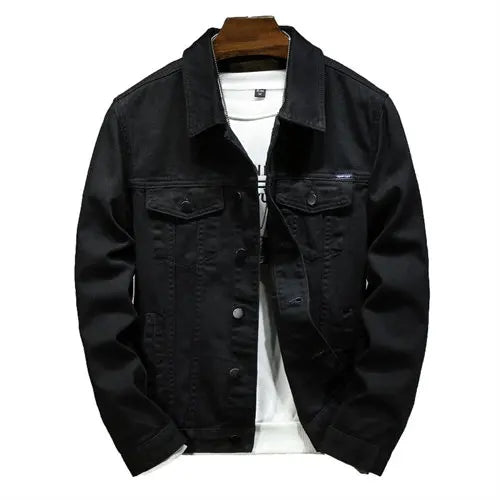 Black denim jacket on a white background