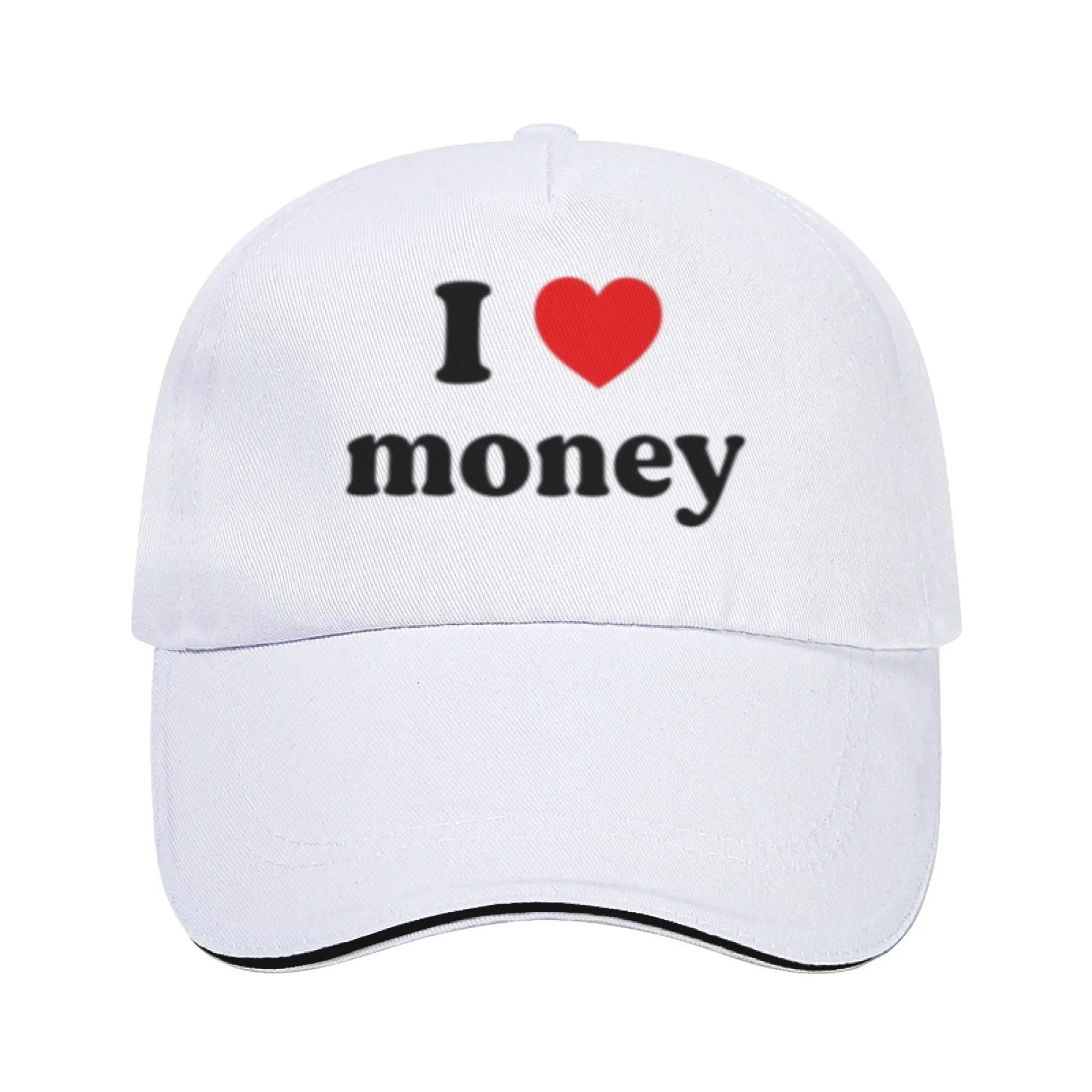 White cap with 'I ❤️ money' text on a white background