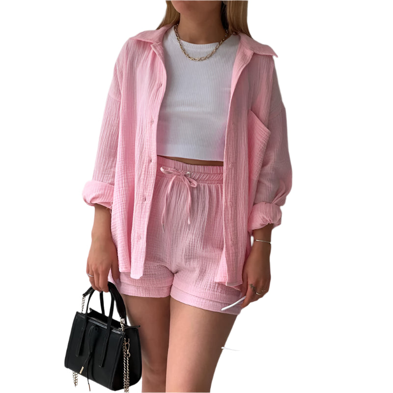 Women's Casual Shirt & Shorts Suit - Full Sleeve Spring/Summer Set