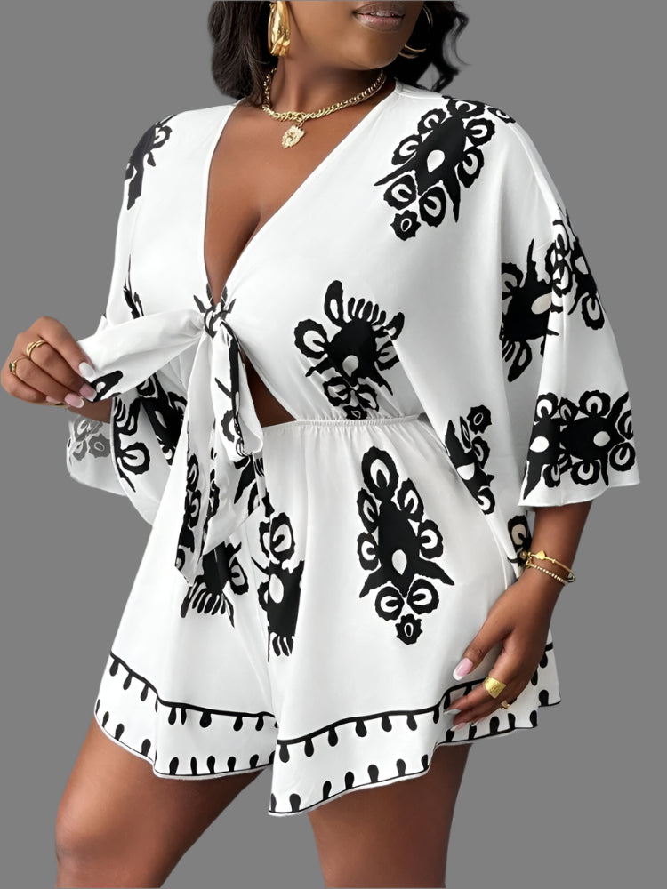 Plus Size Printed Jumpsuit - Loose Sexy Deep V Neck Summer Holiday