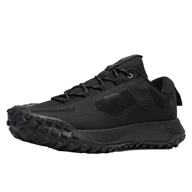 Black sneaker with brand logo on a white background