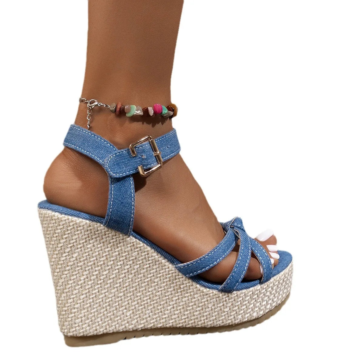 Chunky Denim Wedge Sandals – 2024 Summer High Heel Sandals