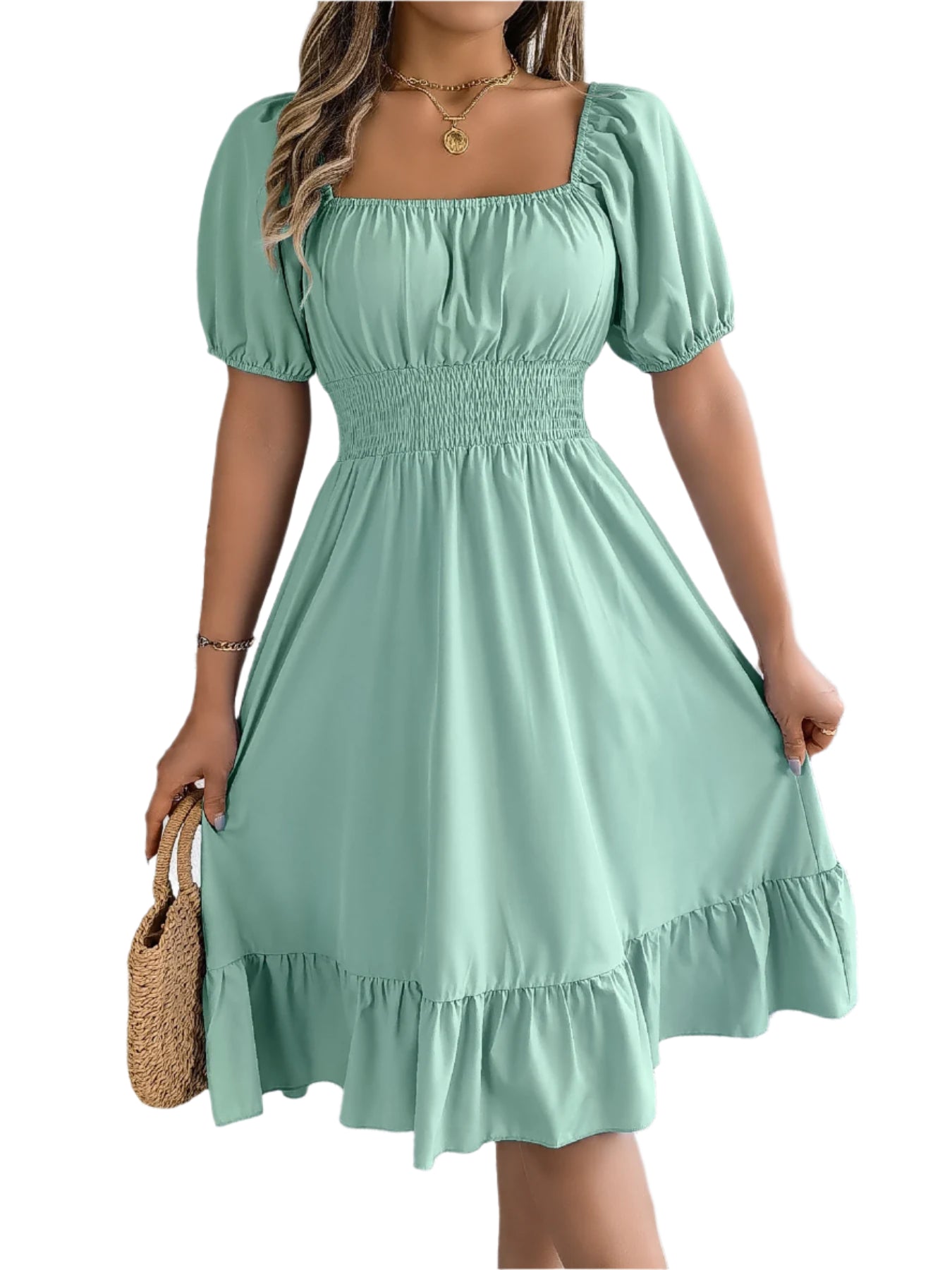 Elegant Square Neck Ruffled Dress – Spring Summer High Waist
