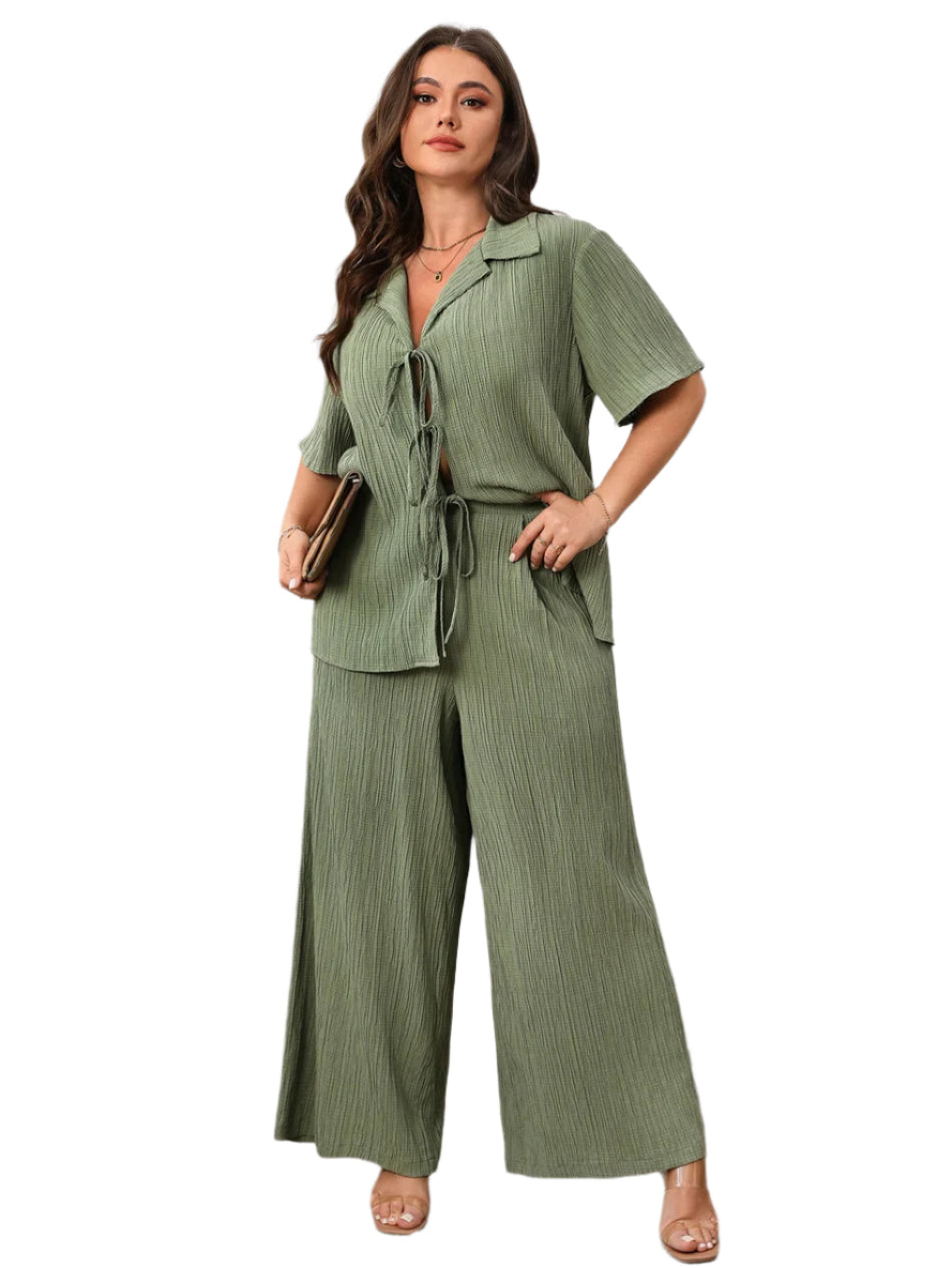 Plus Size 2PC Set - Loose Lace-Up Shirt & Wide Leg Pants Spring/Summer