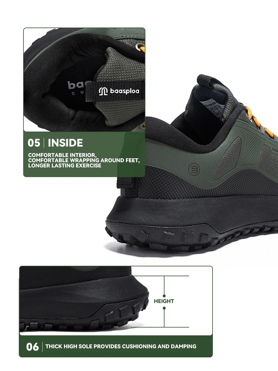 Green and black athletic shoe with text highlighting features on a white background