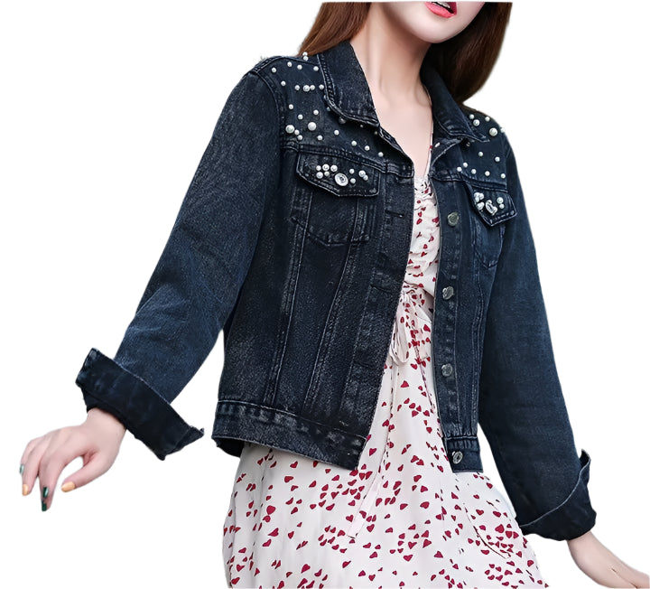 Beaded Washed Women's Turn-Down Collar Long-sleeved Lapel Denim Jacket