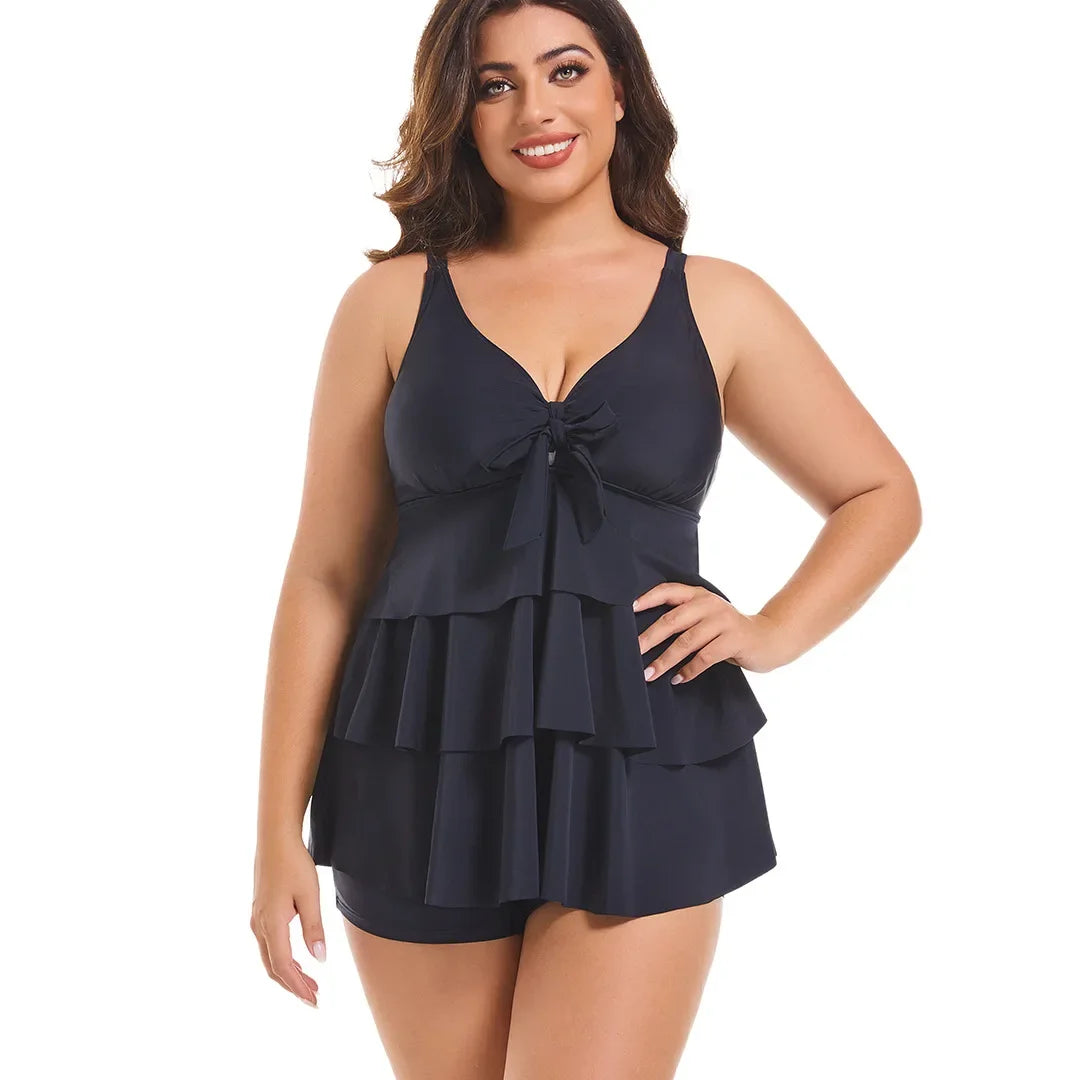 Plus Size Black Bikini Set - Conservative Skirt Style Swimsuit