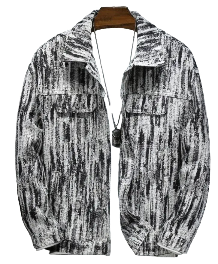 Patterned jacket on a mannequin against a gray background