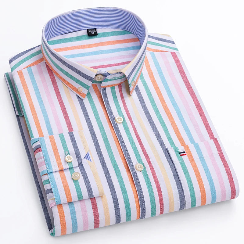 100% Cotton Oxford Men's Shirt - Plaid & Stripe Spring/Autumn Styles