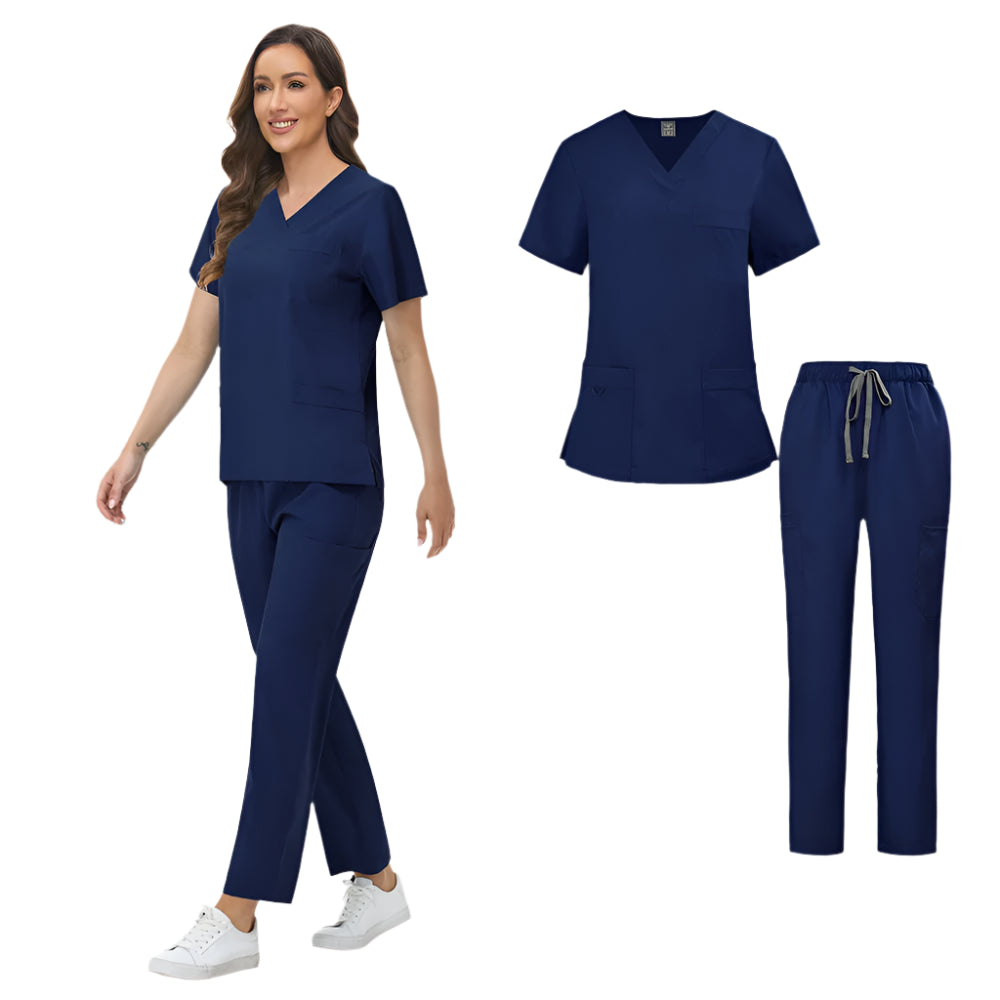 Unisex Medical Scrubs Set: Short Sleeve V-Neck Top & Pants Workwear