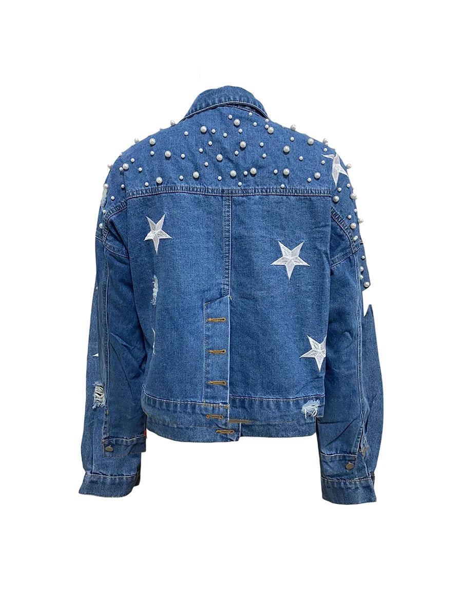 Women's Fall Denim Jacket - Star Print Back Long Sleeve Turn-Down Collar
