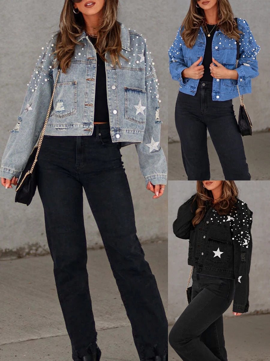 Women's Fall Denim Jacket - Star Print Back Long Sleeve Turn-Down Collar