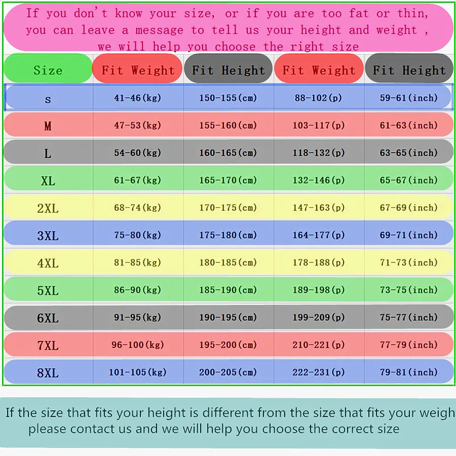 Size chart for clothing with color-coded fit weight and height ranges.