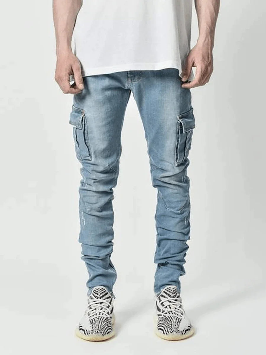 Men’s Cargo Jeans – Mid Waist Multi-Pocket Casual Denim Pants