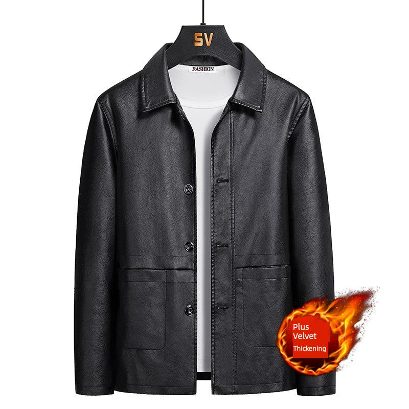 Korean Fashion Men's Warm Lapel Leather Jacket - Solid Color