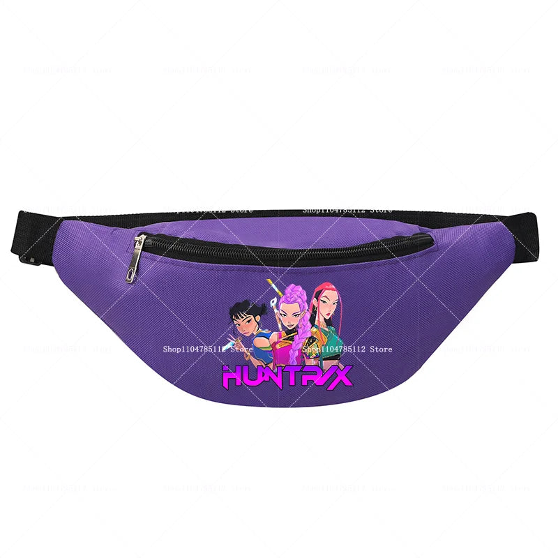 Purple fanny pack with cartoon characters and 'Huntax' branding on a white background