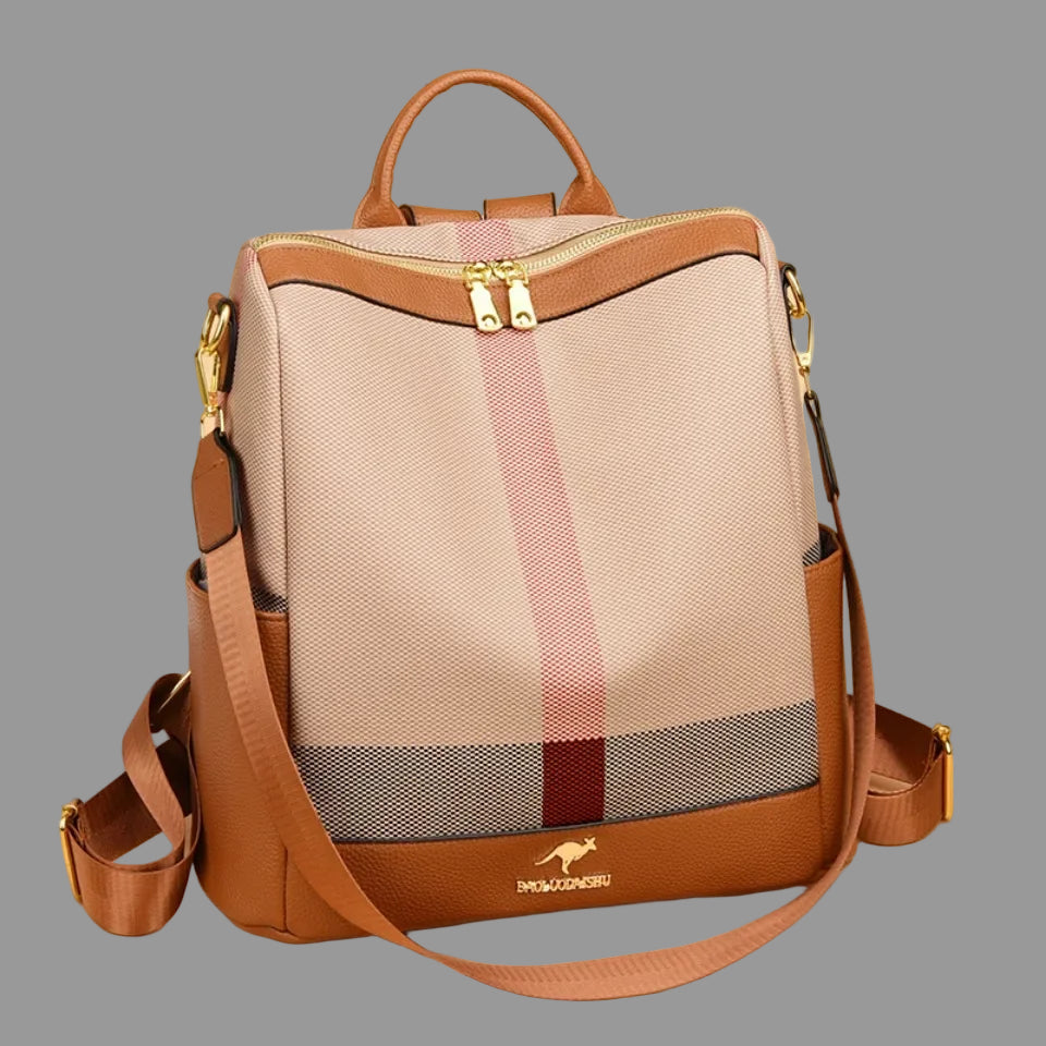 Backpack with plaid pattern and brown straps on a beige background, featuring the brand 'LONoolisa'.