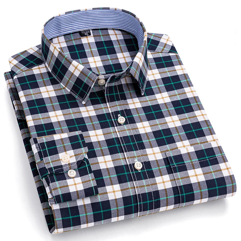 Men’s 100% Cotton Plaid Oxford Shirt – Smart Casual Plus Size 7XL