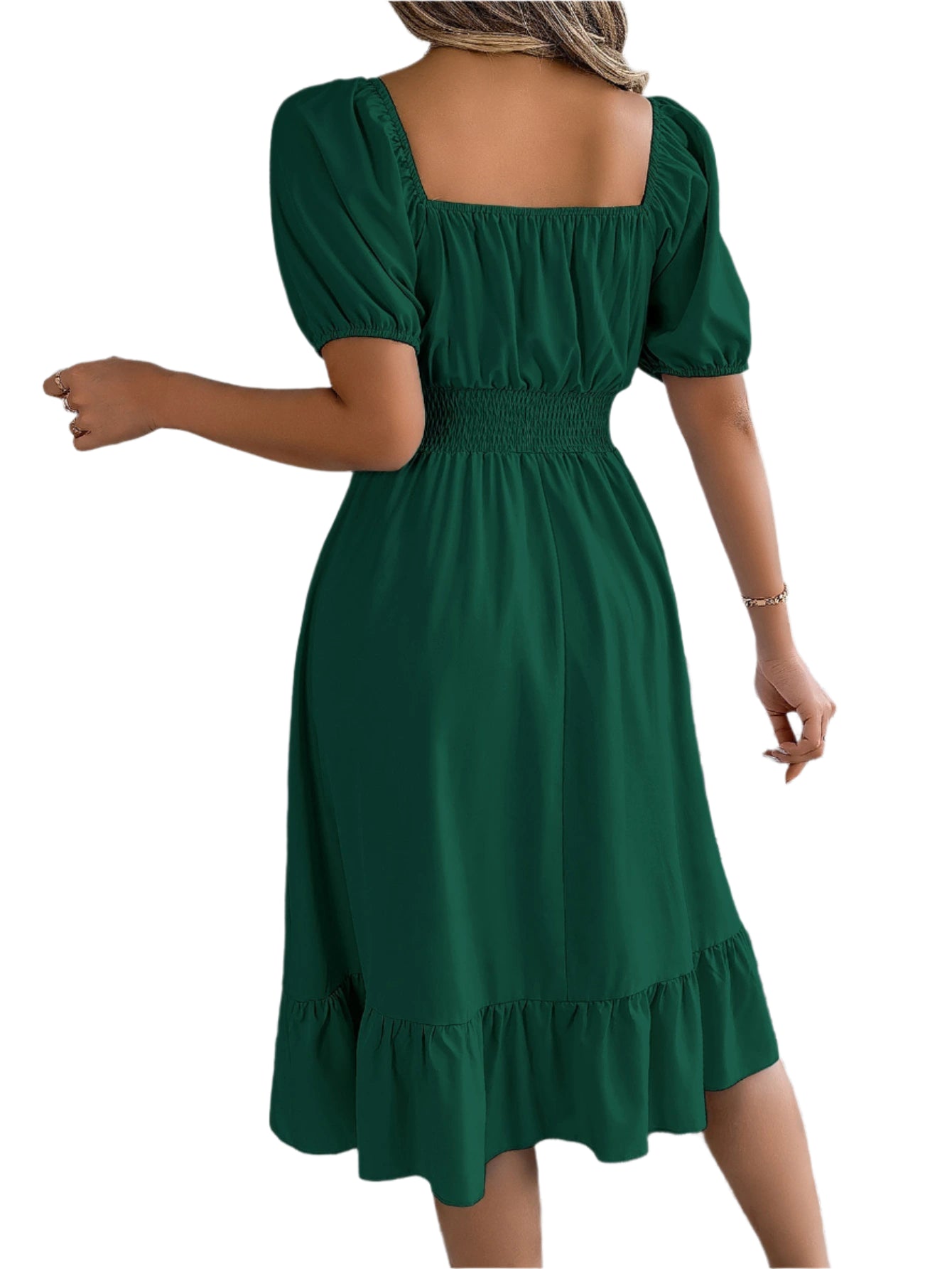 Elegant Square Neck Ruffled Dress – Spring Summer High Waist