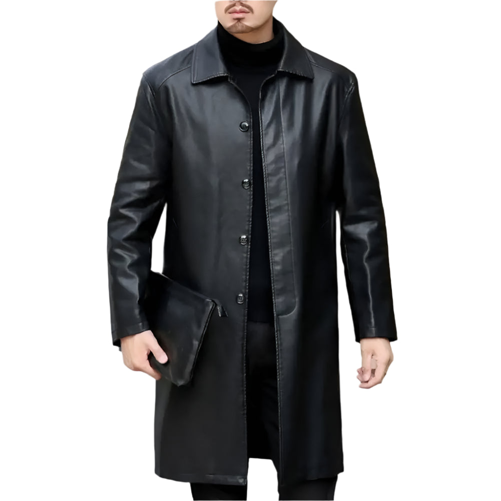 Men's Long Faux Leather Jacket: Fleece Lined, Removable Fur Collar