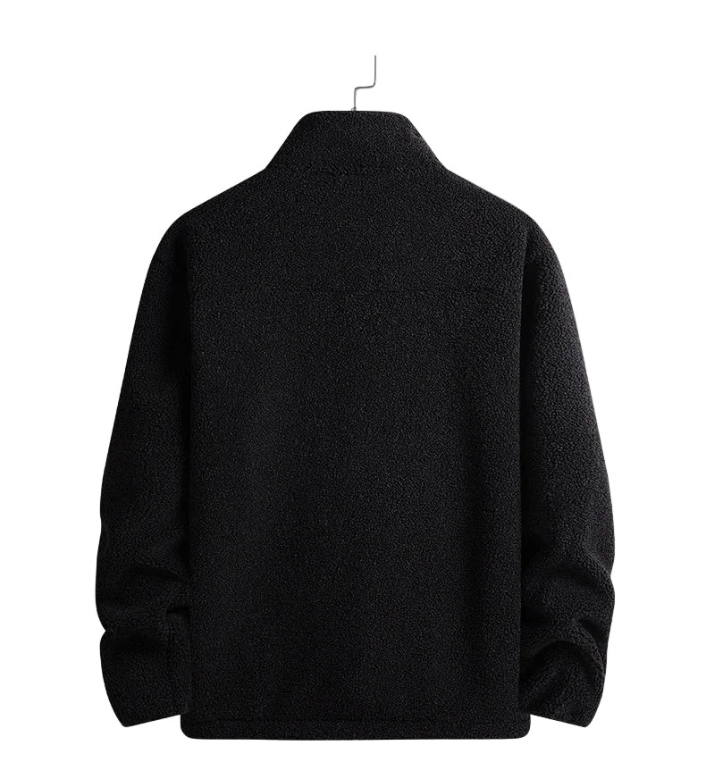 Black sweater on a hanger with text on a white background
