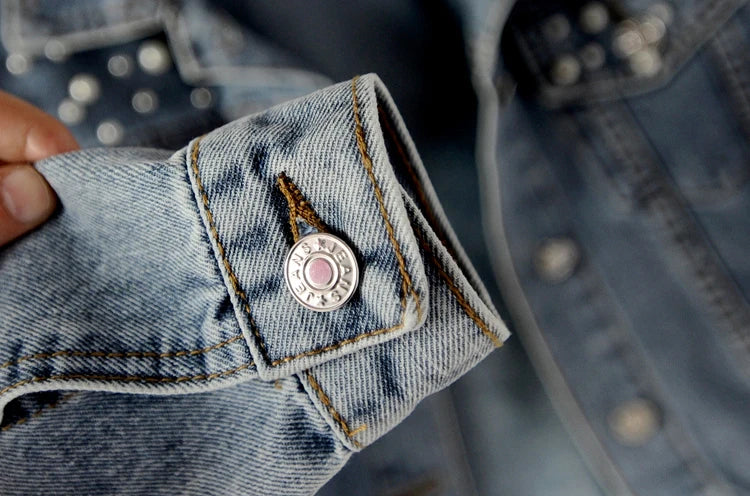 Beaded Washed Women's Turn-Down Collar Long-sleeved Lapel Denim Jacket