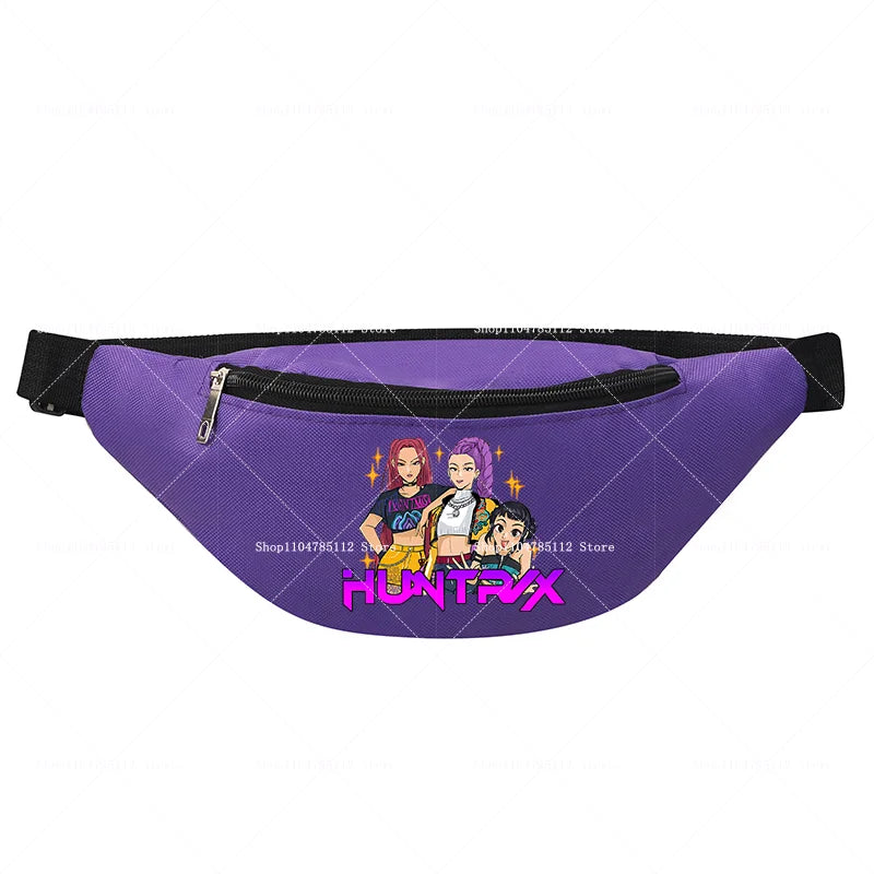 Purple fanny pack with cartoon characters and 'HUNTRX' text on a white background