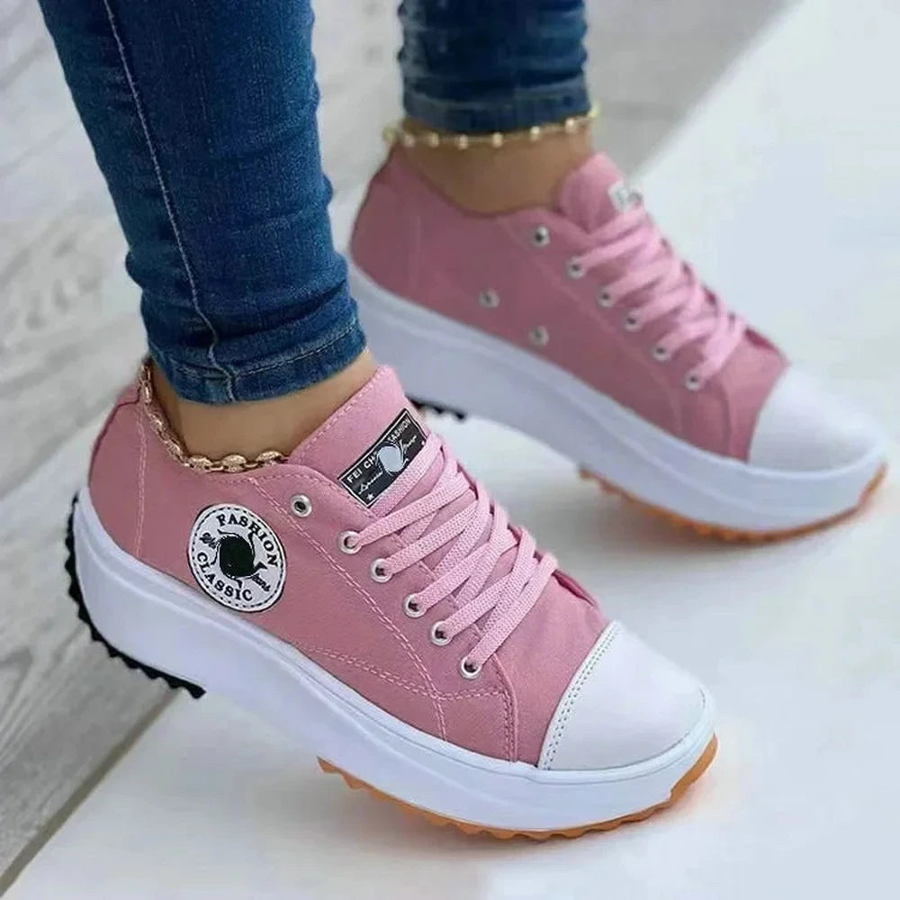 Women’s White Canvas Platform Sneakers – Casual Fashion Tennis Shoes