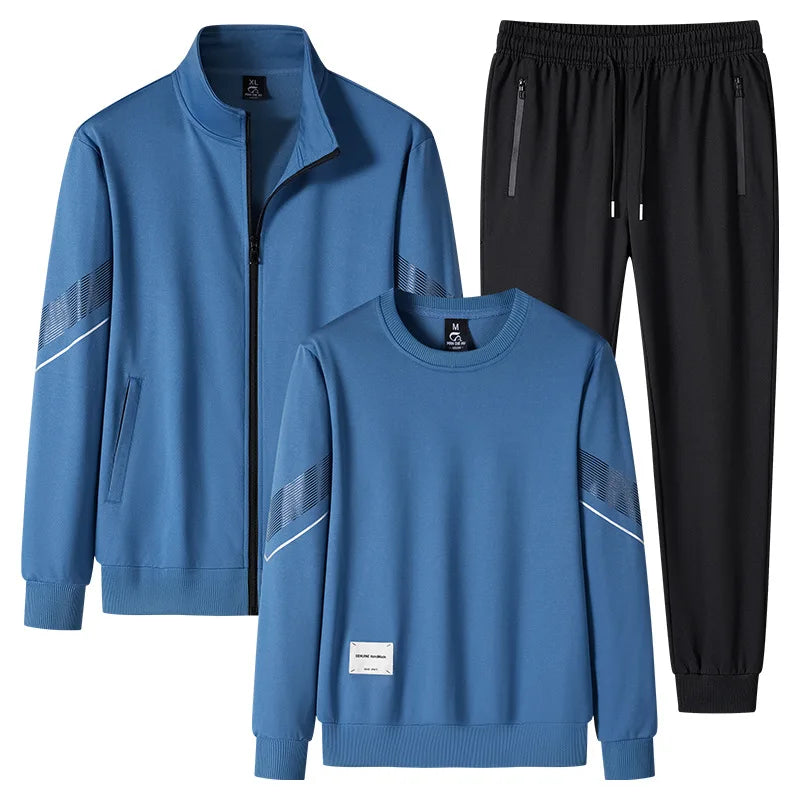 Blue tracksuit with black pants on a white background