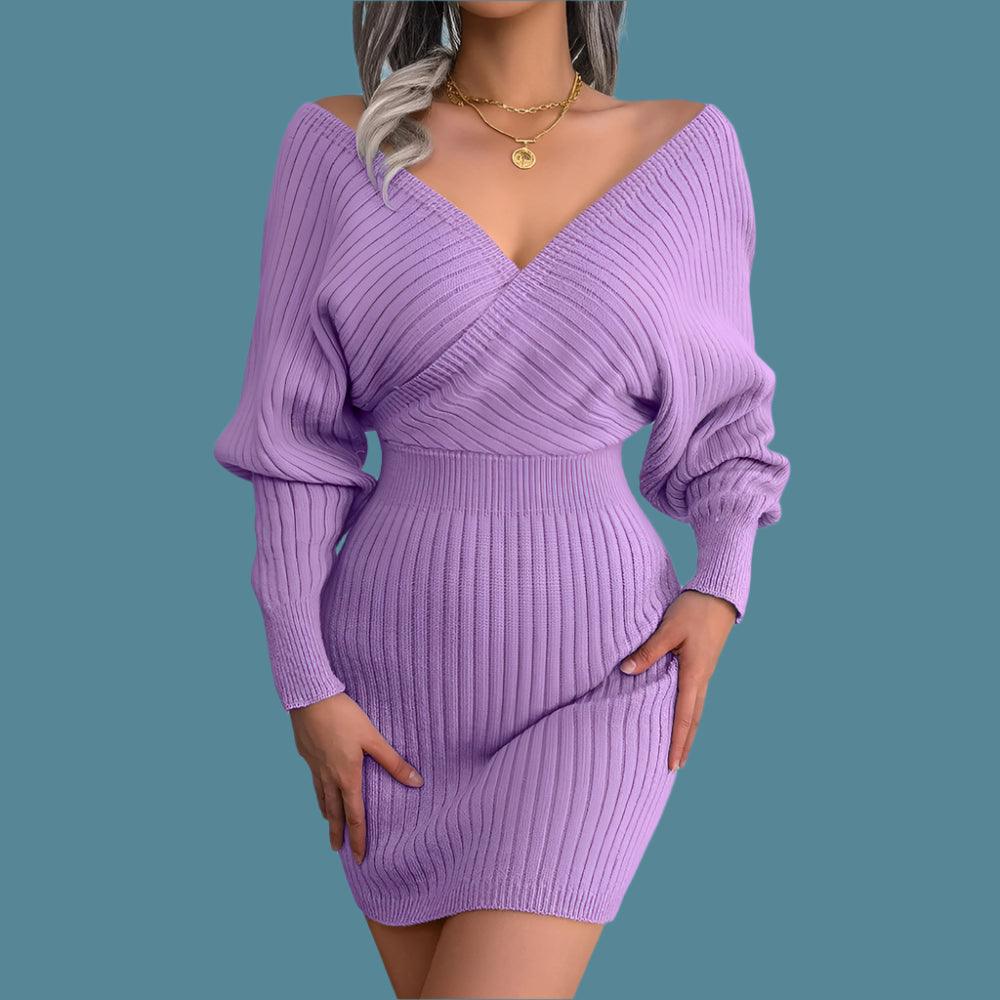 Autumn Winter V-Neck Knitted Wrap Dress – Slim Fit Mini for Casual Elegance - JVMCL