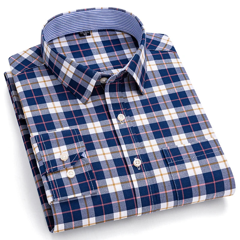 Men’s 100% Cotton Plaid Oxford Shirt – Smart Casual Plus Size 7XL