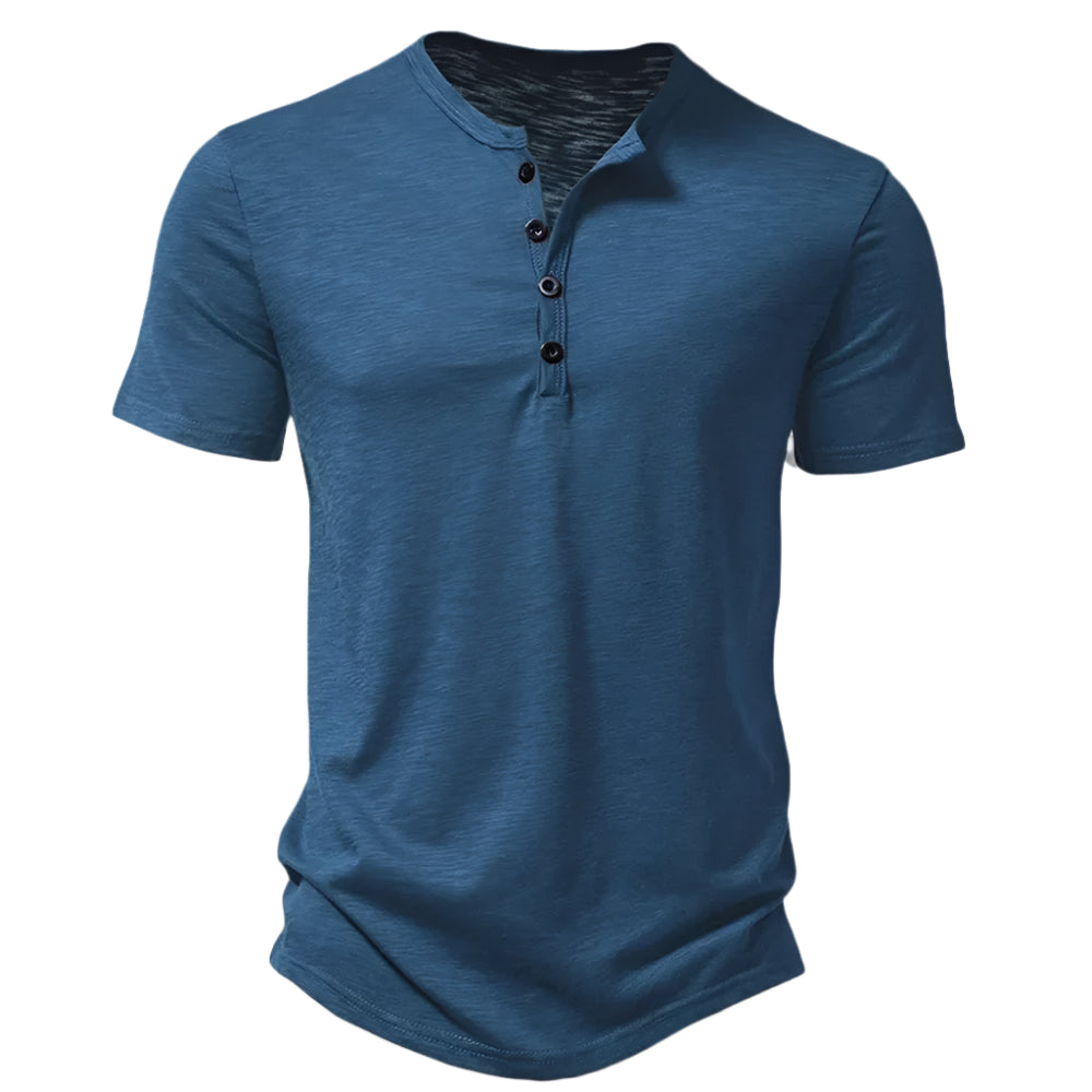 Men’s Henley Slub Cotton T-Shirt – Casual Solid Color Summer Streetwear
