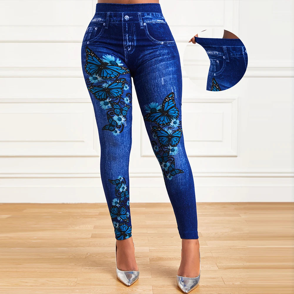 Plus Size High Waist Jeggings – Stretchy Denim-Look Print Leggings