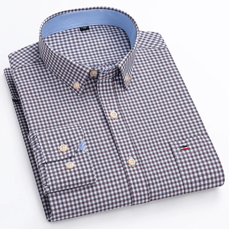 100% Cotton Oxford Men's Shirt - Plaid & Stripe Spring/Autumn Styles