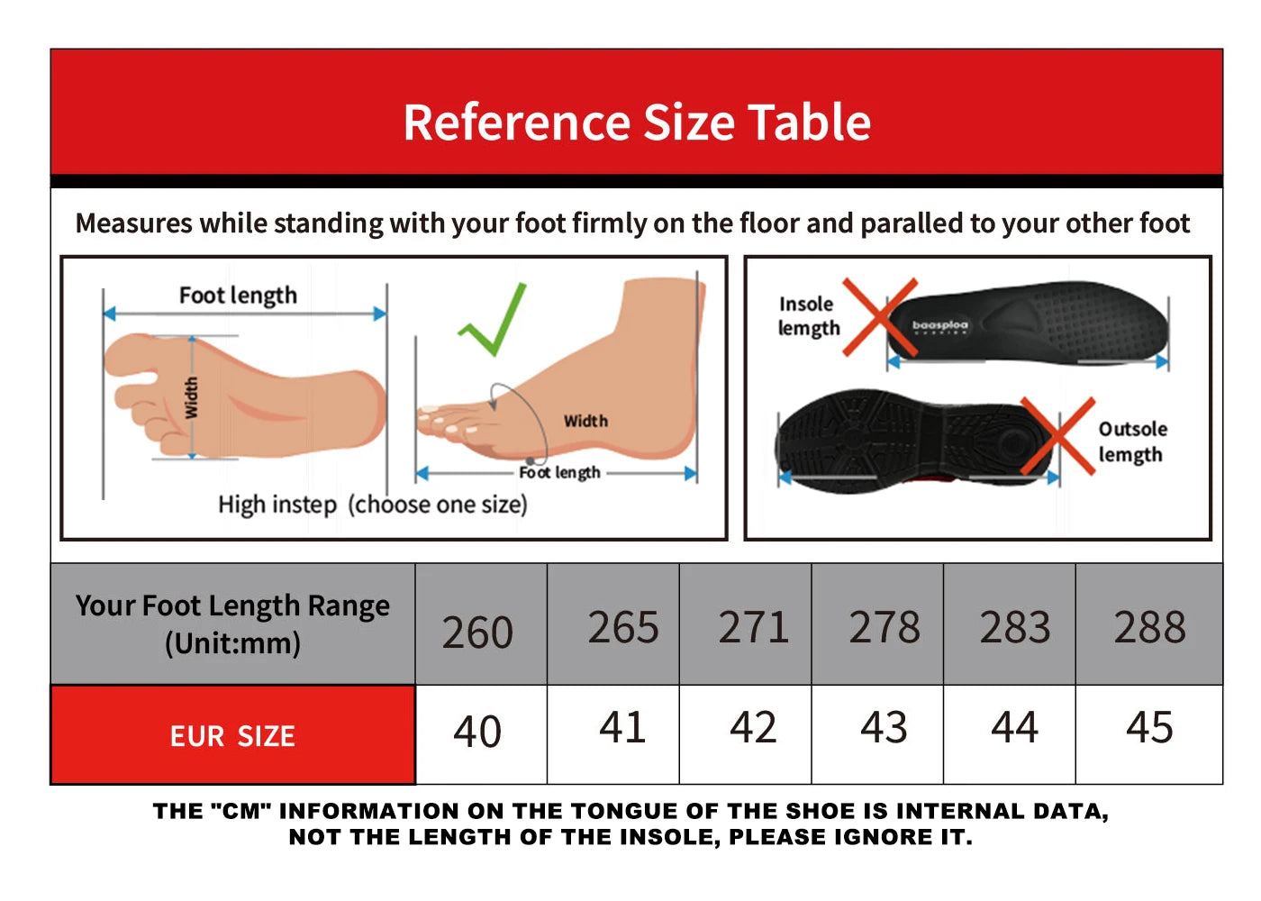Reference size table for shoe measurements with foot and insole illustrations.