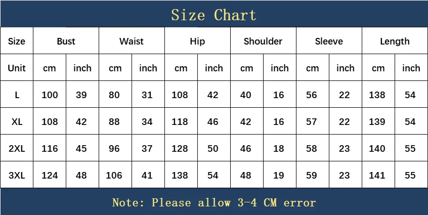 Size chart for clothing measurements in centimeters and inches with a blue border.