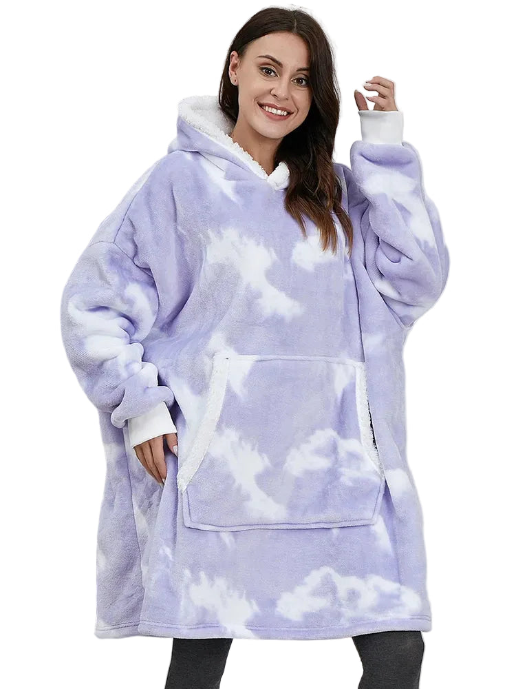 Person wearing a purple and white tie-dye hoodie with a front pocket.