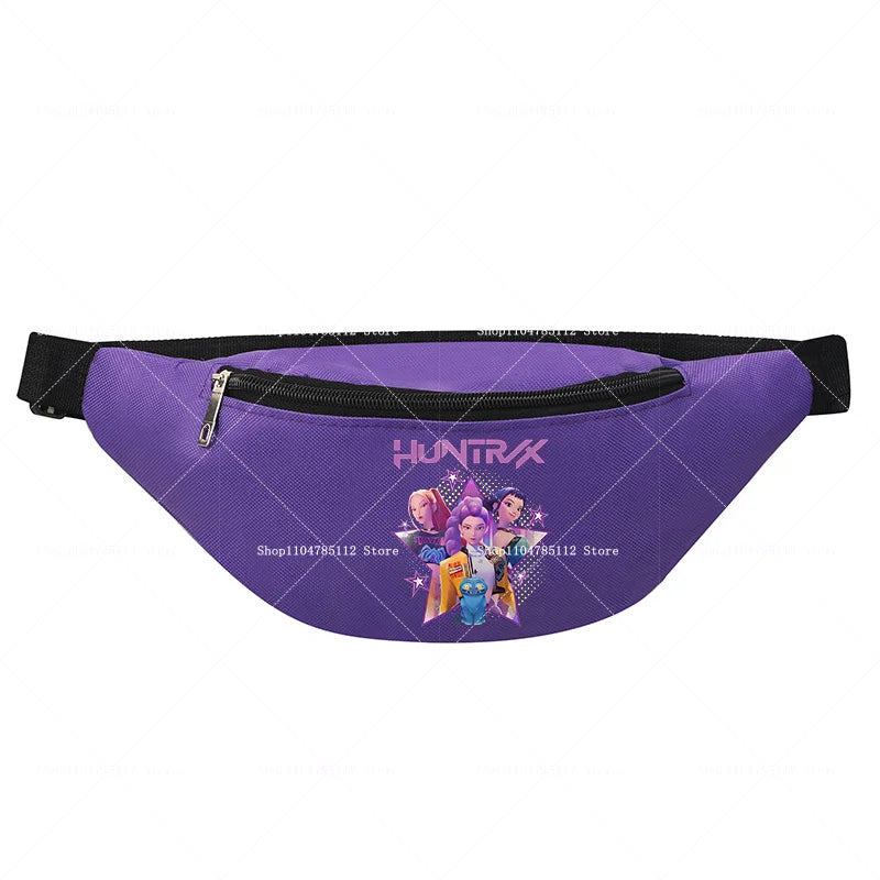 Purple fanny pack with character design and 'HUNTRX' branding on a white background