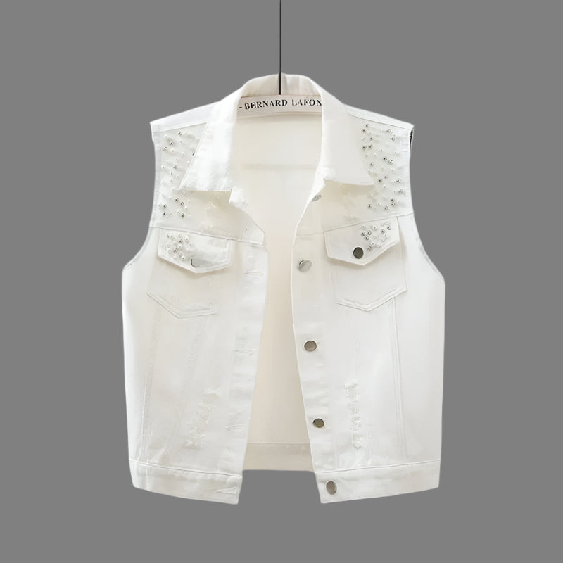 Colorful Beaded Denim Waistcoat – Women's Sleeveless Slim Fit Short Vest Jacket