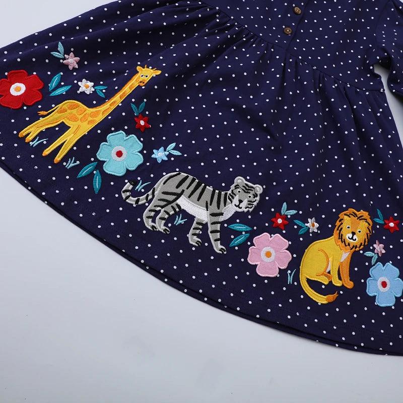 Little Maven Embroidered Cartoon Animal Dress – Cozy Cotton Outfit for Girls - JVMCL