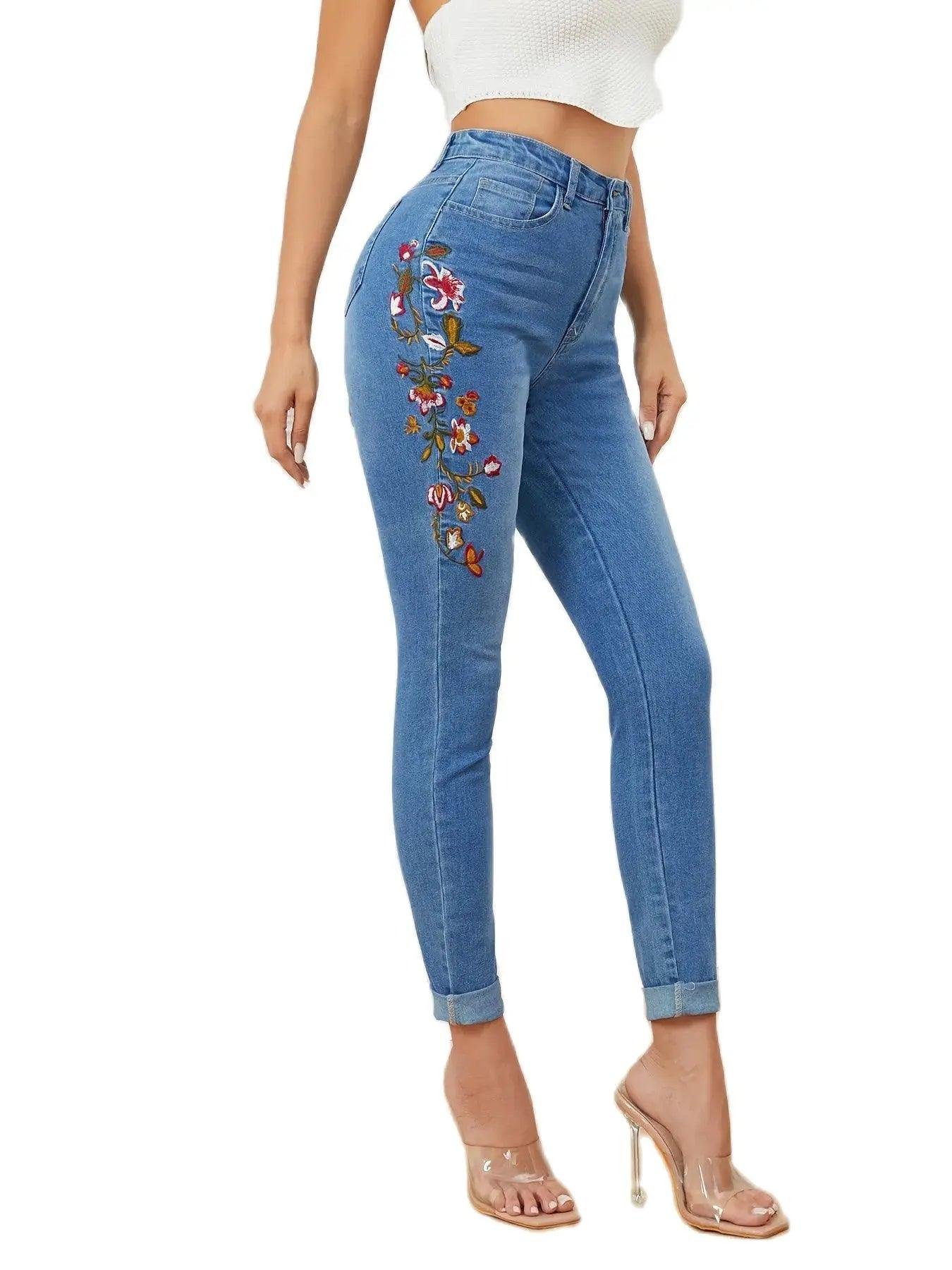 High Waist Embroidered Skinny Jeans | Stretch Denim Pencil Pants Women
