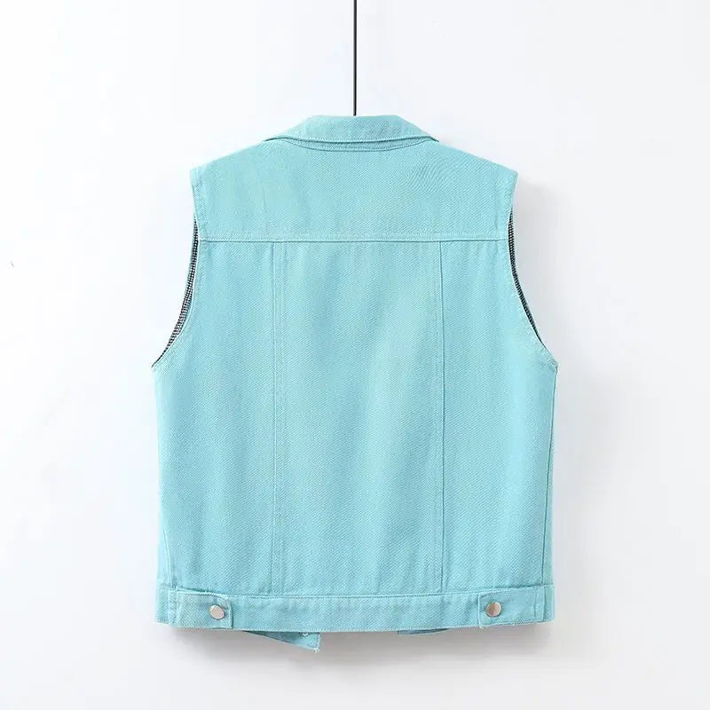 Colorful Beaded Denim Waistcoat – Women's Sleeveless Slim Fit Short Vest Jacket