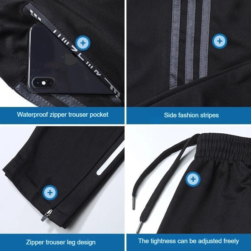 Black pants with waterproof zipper pocket, side fashion stripes, and adjustable drawstring on a white background.