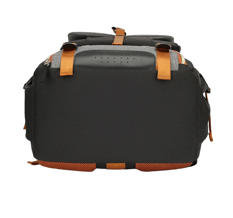 Black backpack with orange straps on a white background