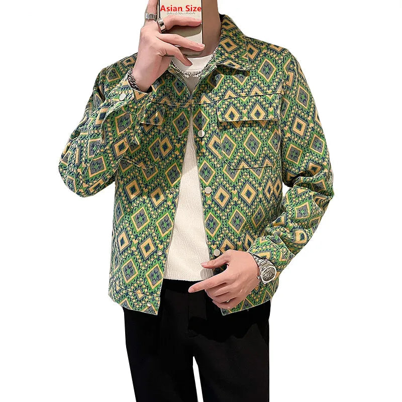 Men’s Blue Denim Jacket | Printed Trim Casual Coat M–4XL Sizes