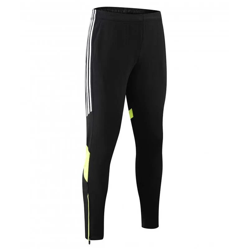 Black athletic pants with white stripes and yellow accents on a white background