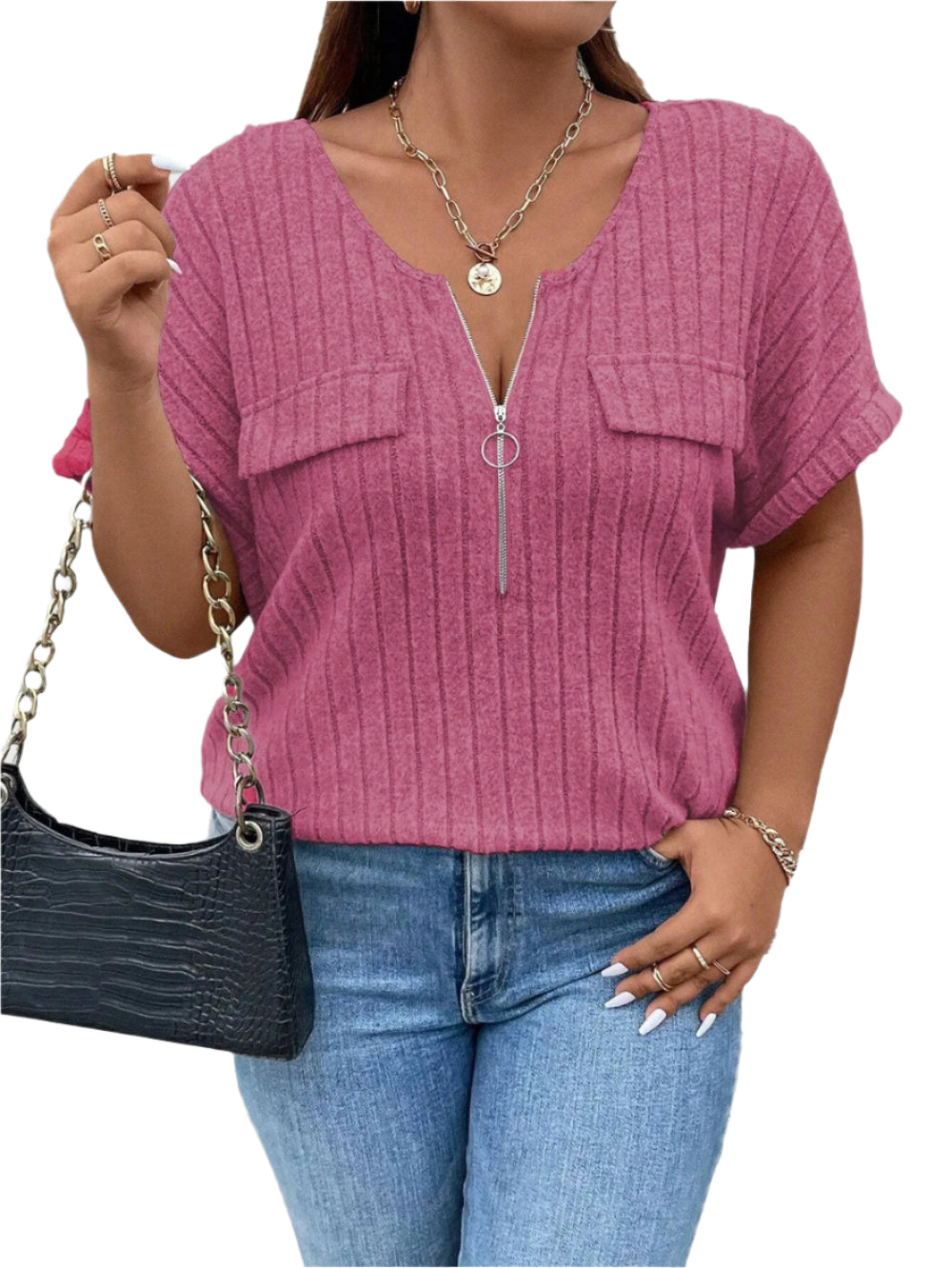 Women's Plus Size O-Ring Zip Front T-Shirt: Summer Rib Knit Top