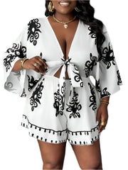 Plus Size Printed Jumpsuit - Loose Sexy Deep V Neck Summer Holiday