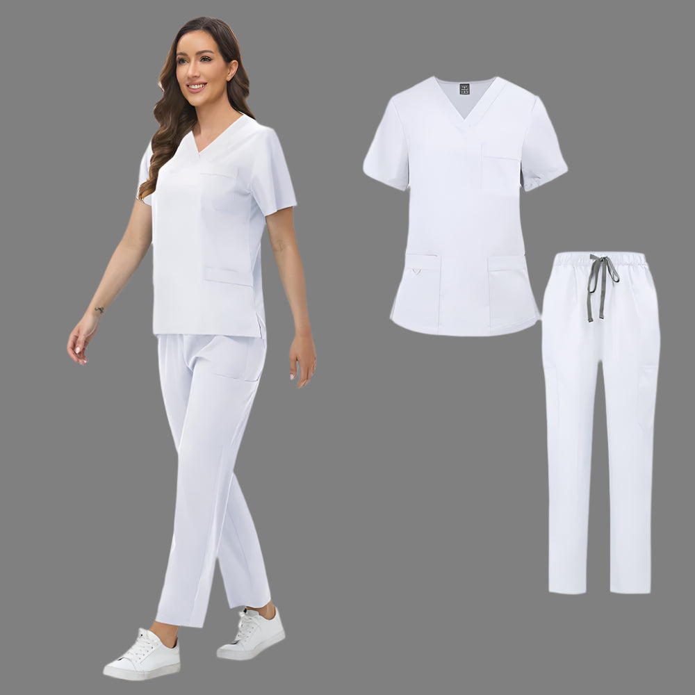 Unisex Medical Scrubs Set: Short Sleeve V-Neck Top & Pants Workwear