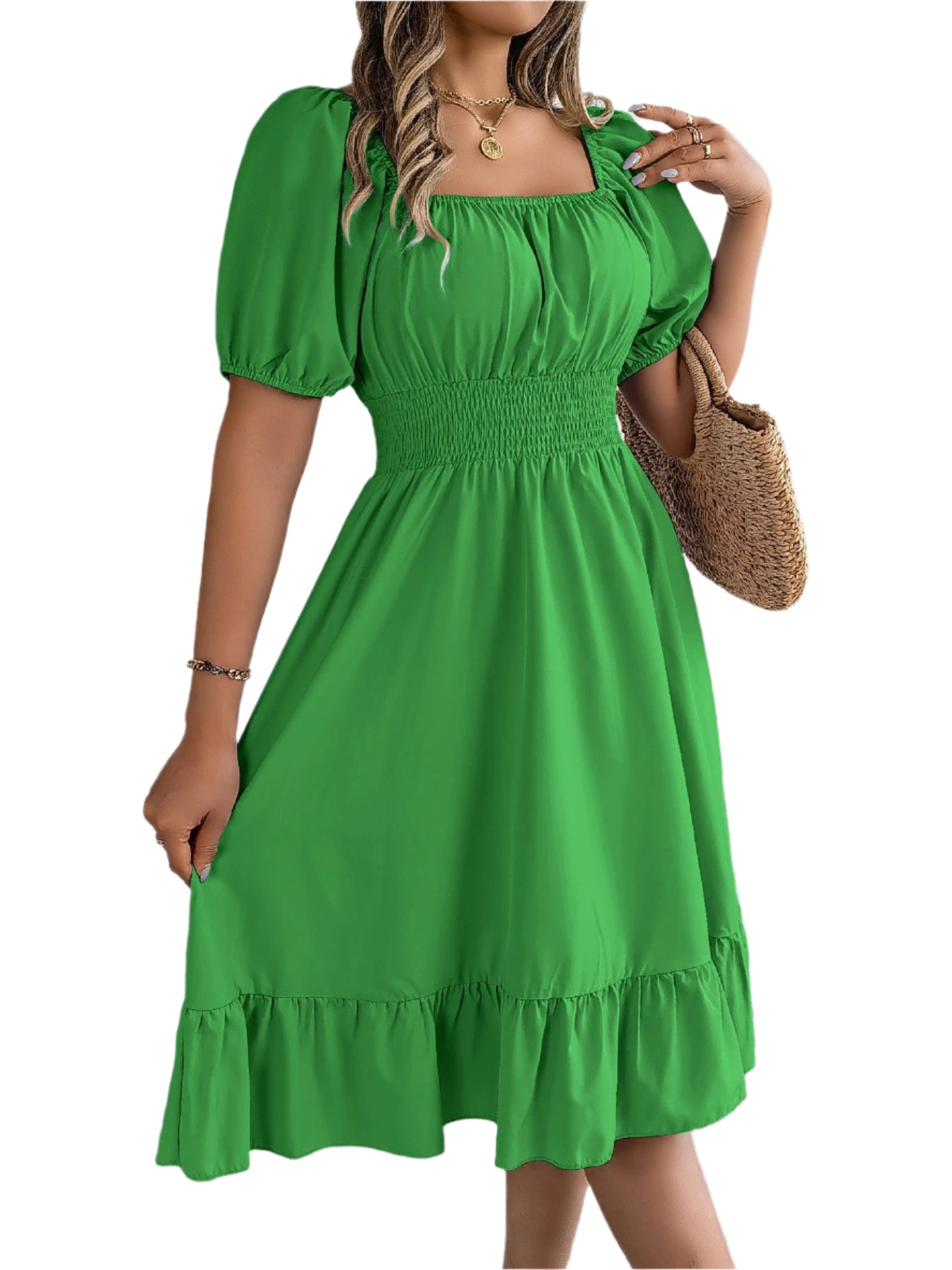 Elegant Square Neck Ruffled Dress – Spring Summer High Waist
